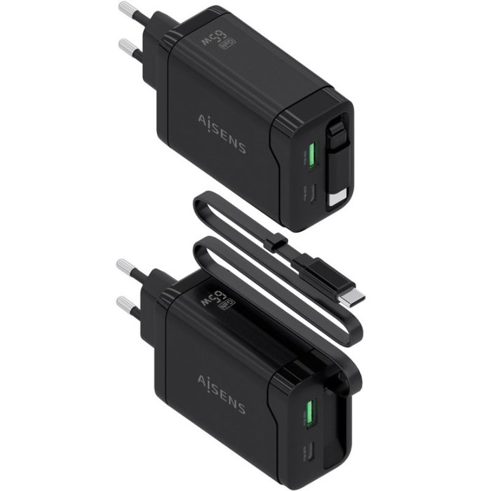 Aisens Cargador GaN 65W con Cable Retráctil USB-C y 3 Puertos, Negro